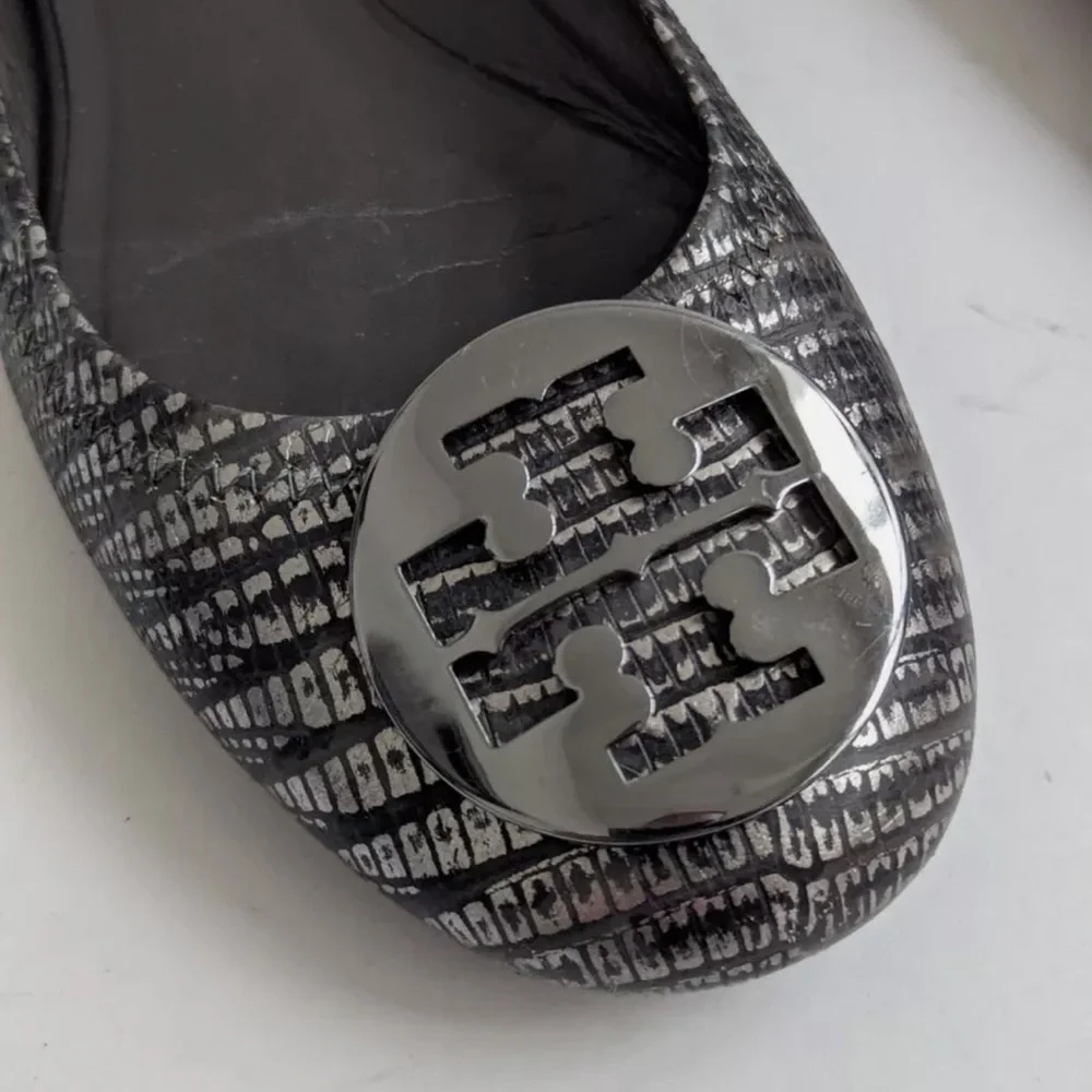 Tory Burch Reva Metallic Black Lizard Embossed Leather Ballet Flat